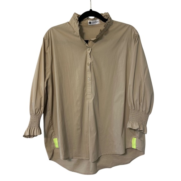 Caryn Lawn Beige Ruffle Collar Button Front Long Sleeve Shirt Top Women's - Picture 7 of 12